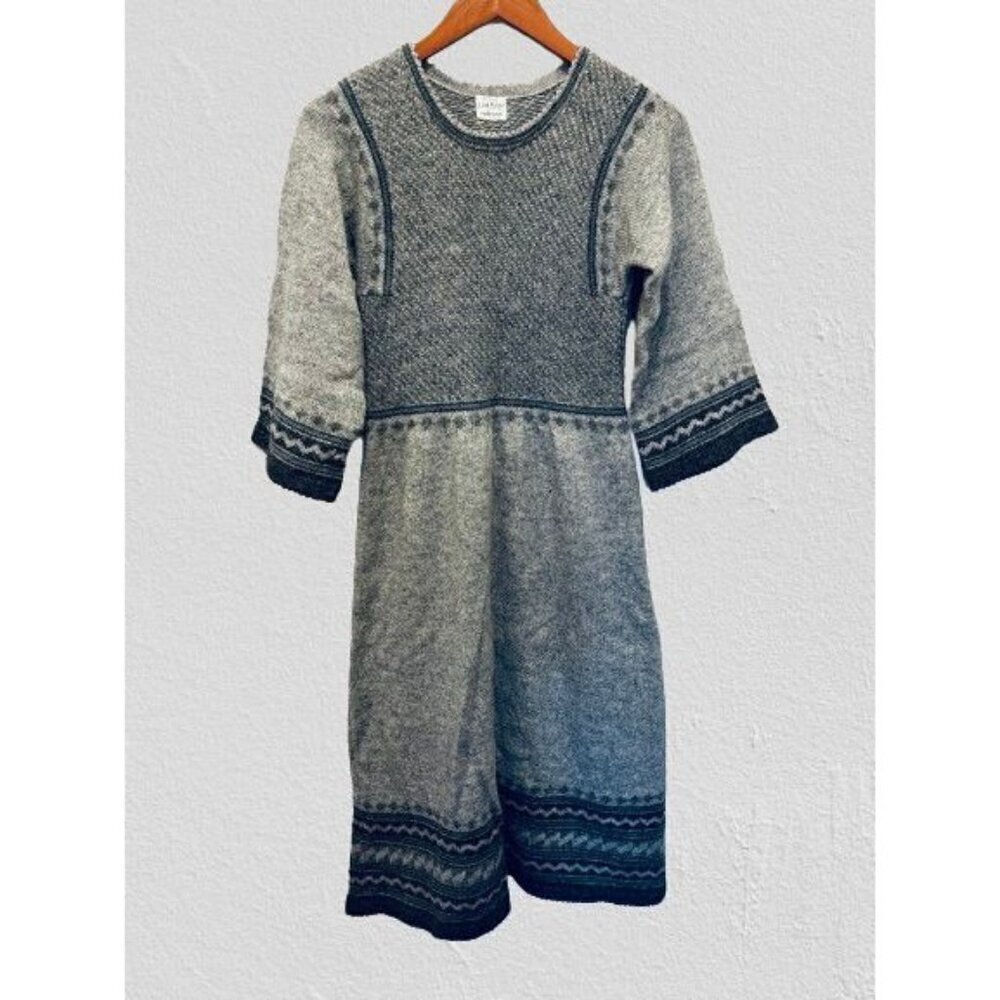 Handmade Knitted A-Line Dress Wool 3/4 Sleeves Gray Color-block Size Small